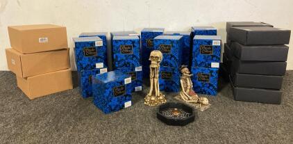 Halloween Decor, Including (15) Boxes Of Skeleton Candlestick Holders, (11) Spider Incense Plates, And (4) Skeleton Knives