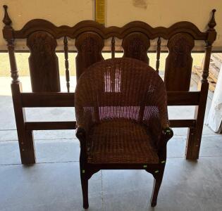 Wooden Headboard H 4&rsquo; 1&rdquo; W 5&rsquo; L 1&rdquo; and Wicker Chair H 3&rsquo; W 2&rsquo; 2&rdquo; L 1&rsquo; 11&rdquo;