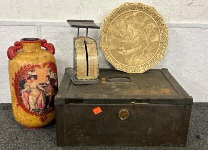 Collector Island- Including Vintage Deluxe Supreme Postal Scale, Vintage Dynasty Arnart Imports 3D Decorative Carved Resin Plate, Antique French Enamel Vase- Gamet Vase, And More