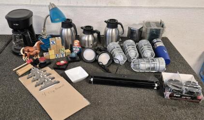 Restaurant Style Lighting(4), Coffee Carafes(3), Mr Coffee Coffee Maker(Works), Restaurant Napkin Holder, 2 Ash Trays, Clip Boards(4), Sauce Dipping Bowl, Desk Light(Works), Green Sign Plates(50)( Numbers and Letters), Wall Bar, 2 Black Light Fixtures, Bl