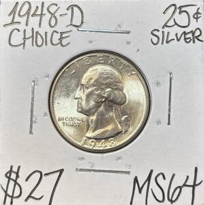 1948-D MS64 CHOICE SILVER WASHINGTON .25c
