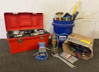 Tool Lot Including Forge Central Clamp, Craftsman Wrench Set, Bucket Of Tools, Tool Box Full Of Screws And Nails