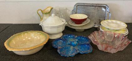 Serving Dishes Lot Including, Picthers, Bowls, Punch Bowl, And Deviled Egg Platters