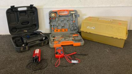 Tool Lot Including, Home Tool Kit, Coleman Air Compressor, Tool/Tackle Box And More