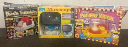 Rock Tumbler, Maxscope, And Deluxe Potterg Wheel