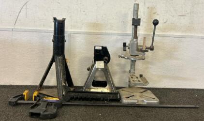 2 Jack Stands, Rachet Bar, Bar Clamp, And Vintage Drill Press Stand