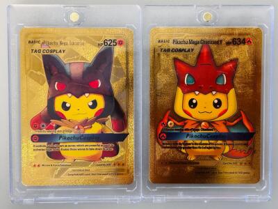 (2) Pokemon Tag Cosplay OnlyFAN ART Collectible Cards- Basic Pikachu Mega Lucario and Pikachu Mega Charizard Y