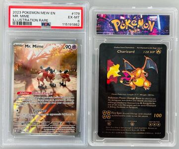 Graded Pok&eacute;mon Card: 2023 Pokemon Mew EN Mr. Mime Illustration Rare #179 Ex-MT 6 and A Base Set Charizard Card