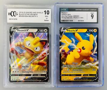 (2) Graded Pok&eacute;mon Cards: 2019-20 Sword and Shield Black Star Promos Meowth V 10 Mint or Better and 2021 Pikachu V Shining Fates Collection Holo Mint 9
