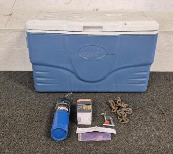 Coleman Cooler, Bernzomatic Propane Lighter, Fram Force FF9911, Metal Chain, Mini Clamp, Pen & Pencil Kit