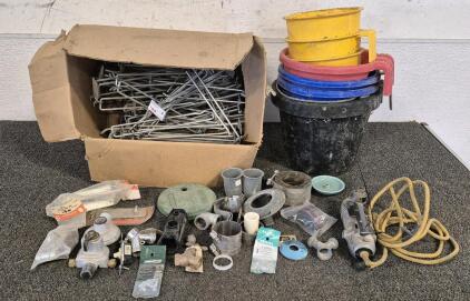 (7) Buckets, Box of Sign Hangers, Miscellaneous Tool Accessories, Black & Decker 1/4 Shorty Drill(Works)