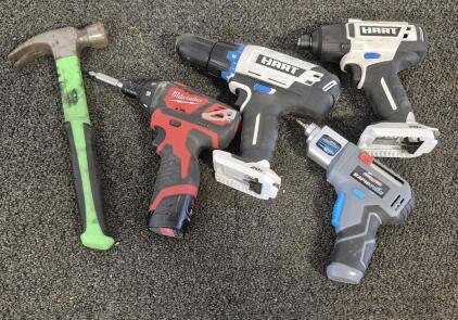 (2)Hart Electric Screwdriver(Unable to Test) Milwaukee Screwdriver (Works), Channel Lock Rapid Fire Screwdriver (Works), Hammer