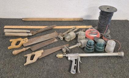 Vintage Tools! Saws, Glass Covers For Electric Work, Headge Trim Wire, Spoil of Twine, Miscellaneous Tools