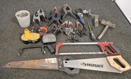 Assortment of Clamps, (4) Hand Saws, Hitch, Ball Hammer, Dewalt 18V Battery, Screw Driver, Bucket of Screws and Nails
