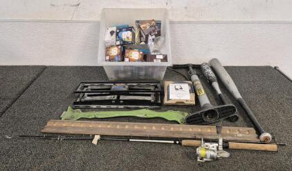 Box of Assorted Light Bulbs, (2) Baseball Bats, Fishing Pole, TV Mount, Plantronics Headphones, Tire Pump, Miscellaneous