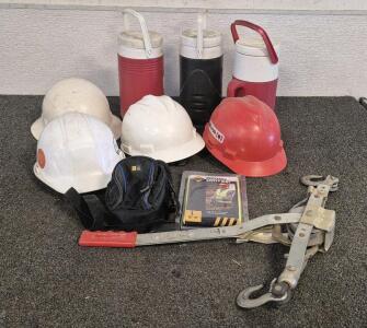 Wench, (4) Hard Hats, (3) Water Cooler Water Bottles, Reflective Safety Vest, Camera Case, Ear Buds in Case