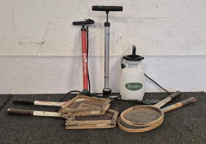 (4) Vintage Tennis Rackets (2) with Covers, (2) Tire Air Pumps, Scott's Spray Pump