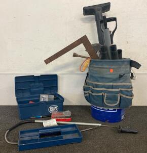 Tool Lot Including Toilet Auger, Various Drill Bits, Universal Lug Wrench, Vacuum Attatchments And More