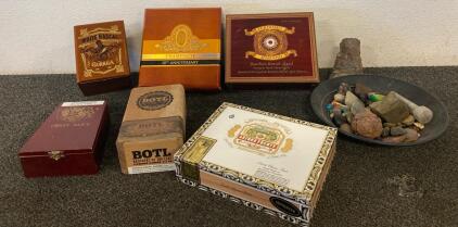 (6) Empty Cigar Boxes, And Bowl Of Polished And Pretty Rocks