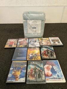 800 thread count blue sheets queen size and a collection of Blockbuster Movies including X-Men, Monty Python and the holy Grail, happy feet