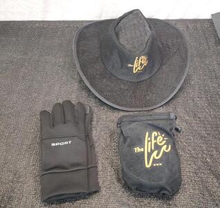 (1) Foldable Hat W/ Storage Bag, (1) Pair Of Mens Gloves W/ Silicone Grip Palms, XL, & (1) Box Of Assorted Amazon Overstock