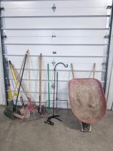 Large Assortment Of Tools & Wheelbarrow & Plant Hanger