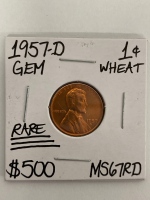 1957-D MS67RD Rare GEM Wheat Penny