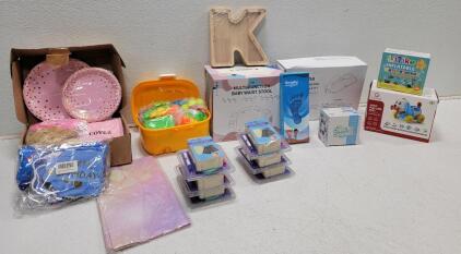 Baby Lot (1) Stroller Snack Tray (1) Baby Waist Stool (1) Sand Play Set (1) Letter "K" Wooden Piggy Bank