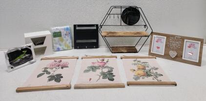 Home Decor Lot!! (1) Floating Shelf (1) set of 3 Rose Wall Hangings (1) Black Bedside Shelf And More