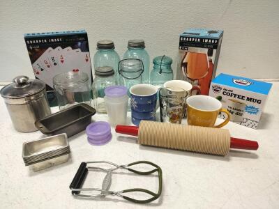 Mason Canning Jars and accessory, Jumbo wine glass, Jumbo playing cards, coffee mugs,small bread baking dishes