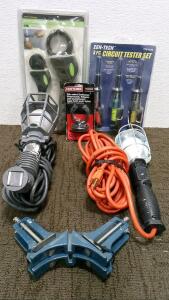 (2) Drop Lights, (2) Corner Clamps, (3) Circuit Testers, and More