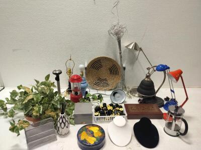 Vintage Lamps, Necklace Displays, Spools of thread, containers and Decor