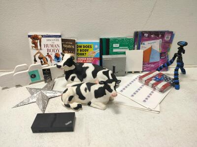 Assorted books, notebooks, insertable plastic dividers and label stickers, go pro handler, cow collectable