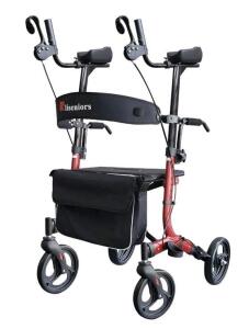 (1) Aliseniors Upright Walker, Stand Up Rollator Walker with Seat, Foldable 4 Wheel Rolling Walker, Medical Aluminum Walkers for Seniors, Adjustable Padded Armrests, 8" Wheels, Supports 300lbs, Red