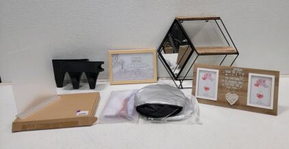 (1) LED Picture (1) Black Hexagonal Floating Shelf (1) Set of 4 Acrylic Sign Holders (2) Car Window Shades (2) Between Seat Car Organizers and More