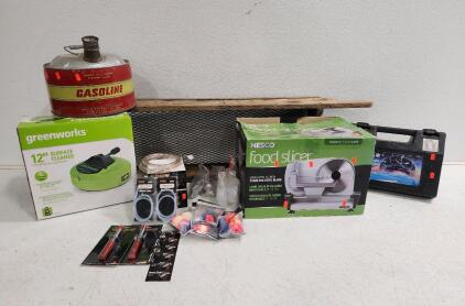 (1) Foldable Camp Table (1) Food Slicer And More