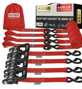 (1) Set Of (4) AUGO Heavy Duty Ratchet Straps & Soft Loops &ndash; Extra Strong 1.5&rdquo; by 15&rsquo; Ratchet Straps w/S-Hook Safety Latches & 4 Soft Loop Tie Downs &ndash; 4400Lb Break Strength, Red