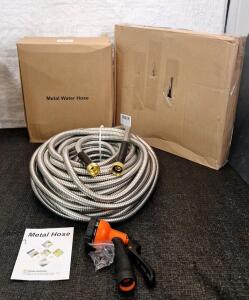 (1) 100-Foot Metal Garden Hose W/ Hand Sprayer & (1) Freestanding Hose Holder