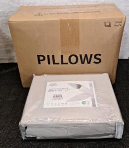 (1) 2-Pack Of Goose Down Feather Filled Pillows, 26" x 26" & (1) Bamboo Sheet Set, Light Grey, King