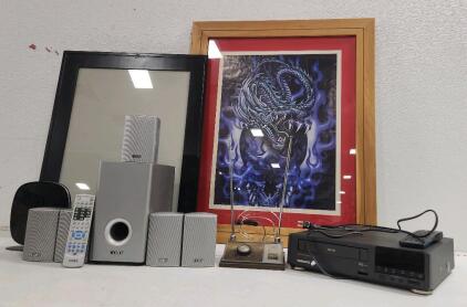 (1) Framed Dragon Skull Poster (5) Mini Coby Surround Sound Speakers W/ Subwoofer And More