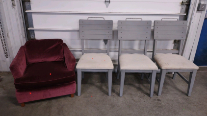(3) Matching Gray Wooden Patio Chairs & (1) Red Felt Padded Chair