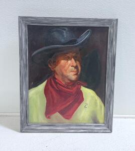 (1) Wooden Framed Cowboy Painting- 18.5&rdquo;x22.5&rdquo;