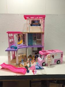 Barbie Dream house, Barbie RV, (7) barbies (2) male babries