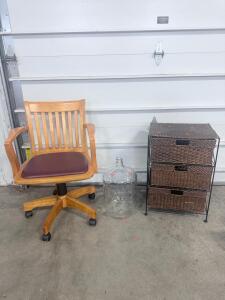 (1) Wooden Rolling Chair (1) 5 Gallon Glass Jar & (1) Wicker 3-Drawer Set