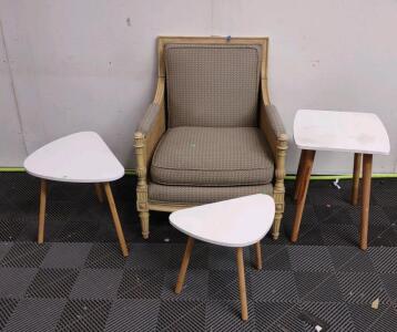 (1) Padded Wooden Chair, (1) 20"x 18"x 22&frac12;" Mid-Century Square (White) End Table, & (2) 24"x 16"x 18" (White) Mid-Century Nesting Tables