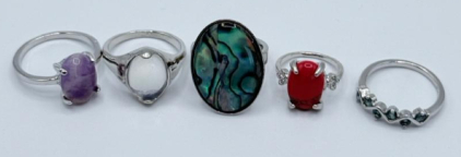 (5) Size 5-10.5 Rings- Red Turquoise, Opal, Amethyst, Abelone, & Mixed Stone Rings