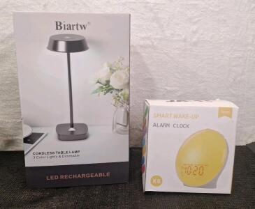 (1) 2-Pack Cordless LED Table Lamps & (1) Smart, Sunrise Alarm Clock / Light & Radio