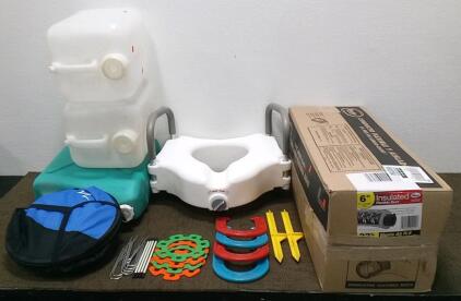 (3) Water Containers, Insulated Flexible Duct, Safety Toilet Seat, and Sports Set