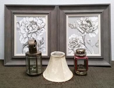 (2) Framed Prints, (2) Antique Lanterns, and Lamp Shade