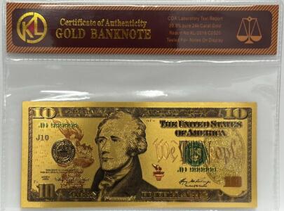 Gold-Plated $10 U.S. Banknote, 99.9% Pure 24k Gold, Serial JD 999999